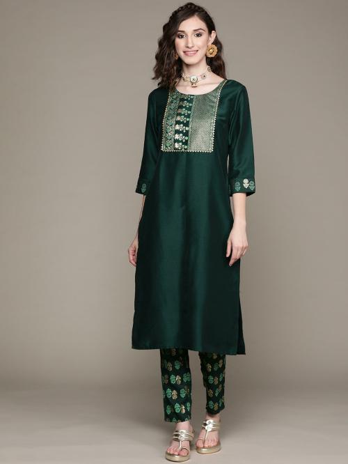 Buy Ziyaa Women Dark Green Printed Kurta Pant Set Online at Best Prices