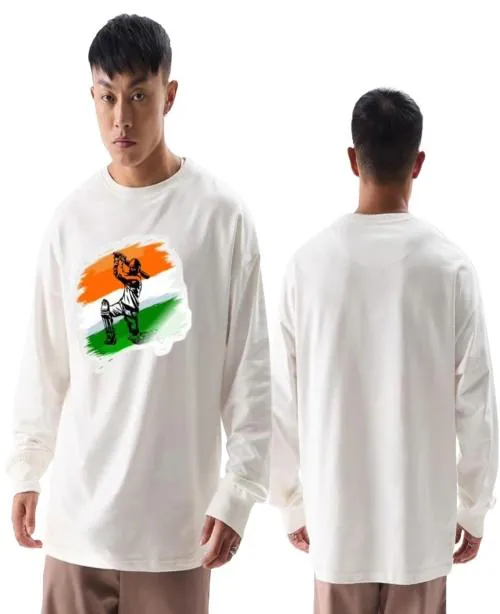 Van-stylo Full Sleeve Oversized Tshirt for Men, Round Neck Longline Drop Shoulder | Colorful Front Printed T-Shirt (White Color)