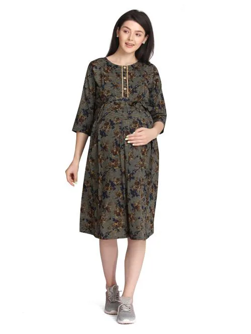 Lovely Mom's Printed Nursing Dress for Feeding, Maternity Dress with Zipper for Post Pregancy, Breast Feeding Cotton Rayon Blue - XXL