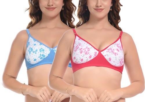 FIMS - Fashion is my style Women Cotton Blend Floral Bra Non-Padded Non-Wired Full Coverage T-shirt Combo Pack of 2 Blue Pink Cup- B Size- 36