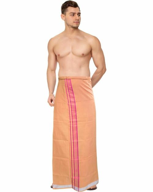 Feather Green Men Beige Solid Cotton Blend Open Lungi - Free Size