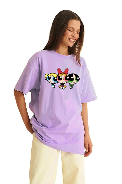 D'USE Women's Powerpuff Girls Casual Oversized Round Neck Drop Shoulder Tshirt
