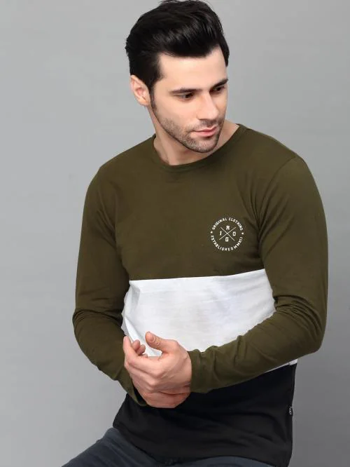 Rigo Men Army Green Color Block Round Neck Full Sleeve T-Shirt