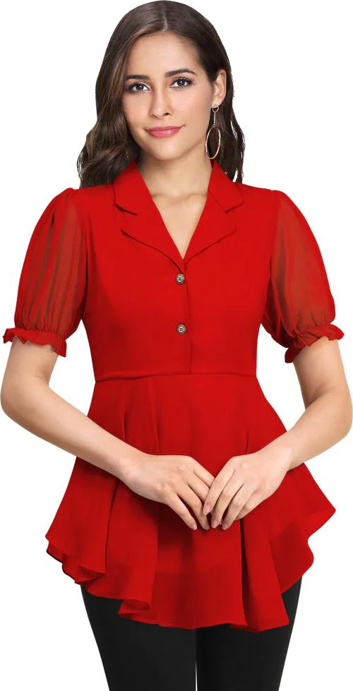 Keri Perry Women Red Solid Georgette Peplum Top