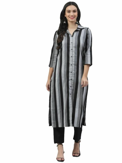 Riva Enterprise Women Black::White Striped Cotton Blend Kurta and Pant Set