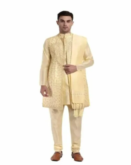 ONE FORT Kurta Pajama For Men Art Silk Embroidered Sherwani Jacket and Stole WEDDING Dress Set CREAM color