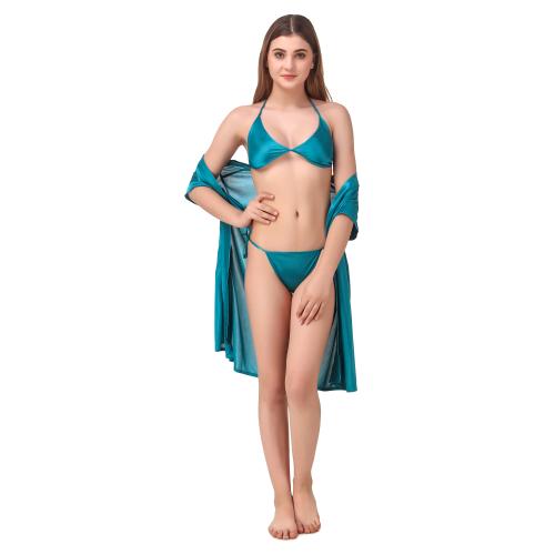 REPOSEY Women's Satin Short Robe with Bra and Thong Set of 3 pcs(3PC306-336_Blue) (Free Size)