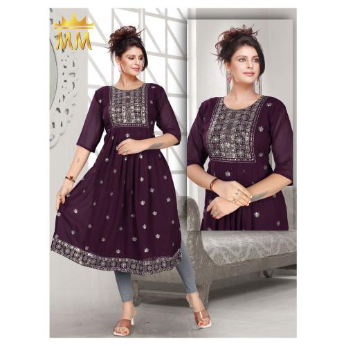 FV9 Women's Maroon Georgette Flared Naira Cut Oversize Kurti With Embroidery Work on Front