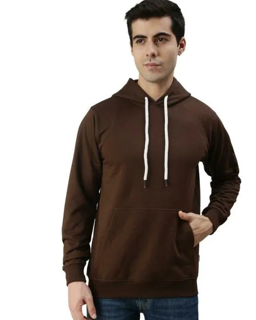 VEIRDO Men Brown Solid Hooded Sweatshirt