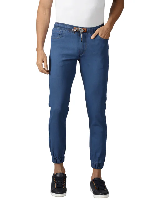 18 Edition Men Mid Rise Solid JOGGER Cotton Jeans Blue 34