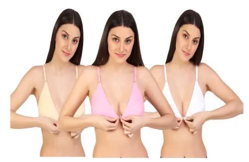 Zourt Poly Cotton B Cup Front Open Bra Set of 3 Skin-Light Pink-White