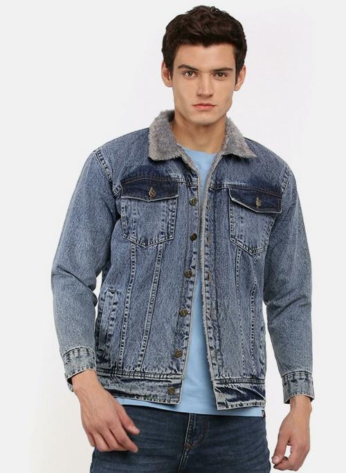 VOXATI Silver Men Denim Biker Jacket