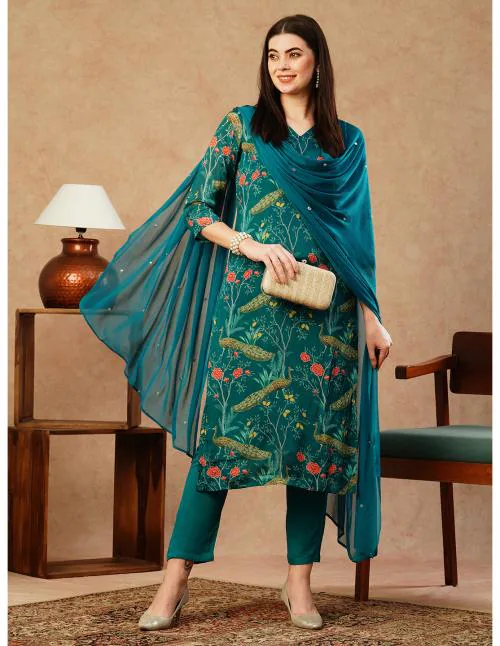 GoSriKi Women's Teal Straight Printed Kurta with Trousers & Dupatta