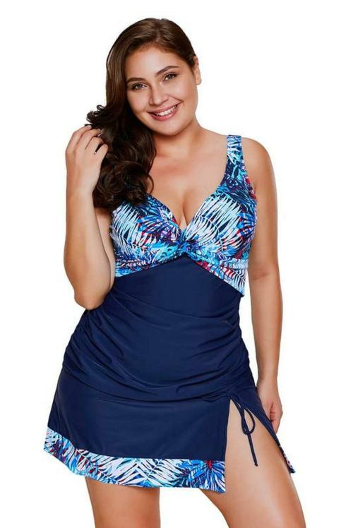 Plus Curvves Plus Size 2pcs Tropical Print Detail Navy Blue Swimwear Bathing Suit - 4XL