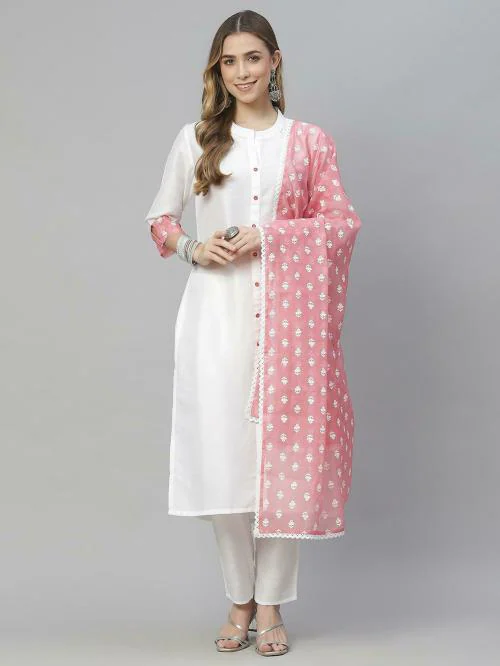 Ziyaa Women's White Printed Kurta Pyjama with Dupatta