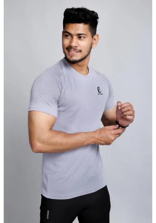Ethan Mens Polyester Solid Round Neck Tshirt Light Grey