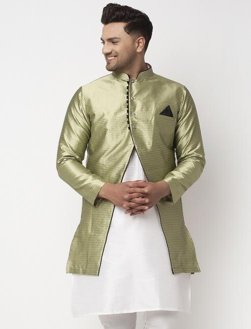 Benstoke Men's Beige Self Design Silk Blend Sherwani Jacket