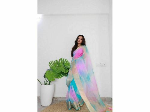 PHEASANT Women's Peach Pink Zari Woven Silk Blend Party Wear Saree With Blouse