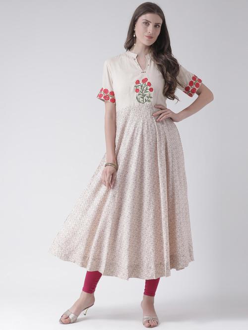 Span Women White Printed, Embroidered Cotton Blend Flared Kurta