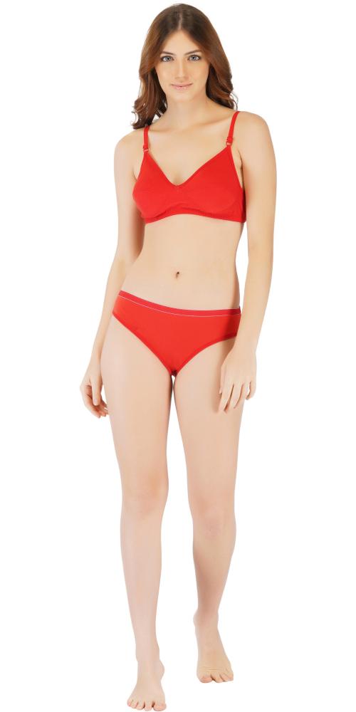 DHANDAI FASHION Women Red Solid Cotton Blend Bra and Panty Set
