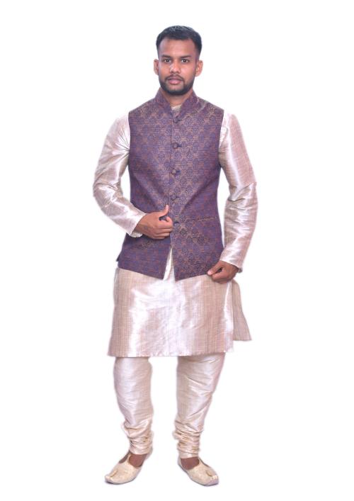 Mag Men's Double Tone Matching Kurta Churidar With Light Brown Waistcoat