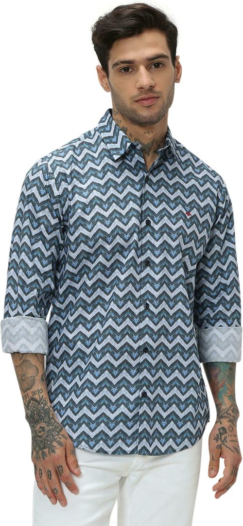 Mufti Blue & Grey Digital Print Slim Fit Casual Shirt