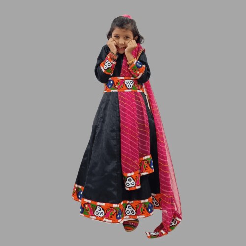 Vastrakriti By Swati Silk Black Long Gown With Embroidery Lace Work Belt And Dupatta For Girls Incomplete(Color:- Black, Size:-18To 24 M