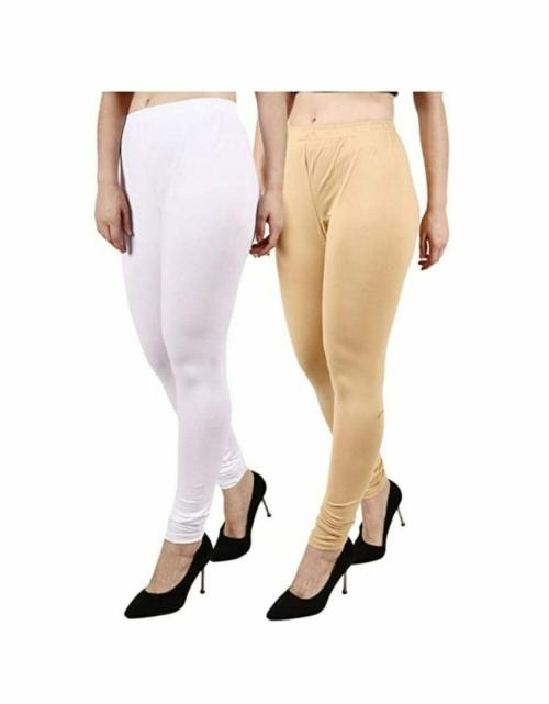 Kawam Women's Boiwash Lycra-4 Way, Churidar LeggingsWith MIYANI with Dori Combo (Pack of 2 Skin, White) - Free Size