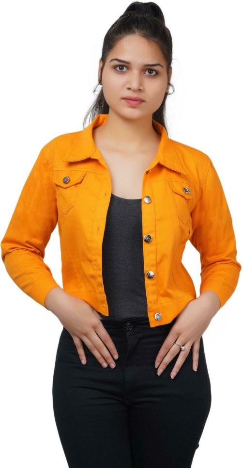 Trendzmy Women Dark Yellow Solid Cotton Blend Full Sleeve Denim Jacket (3XL)