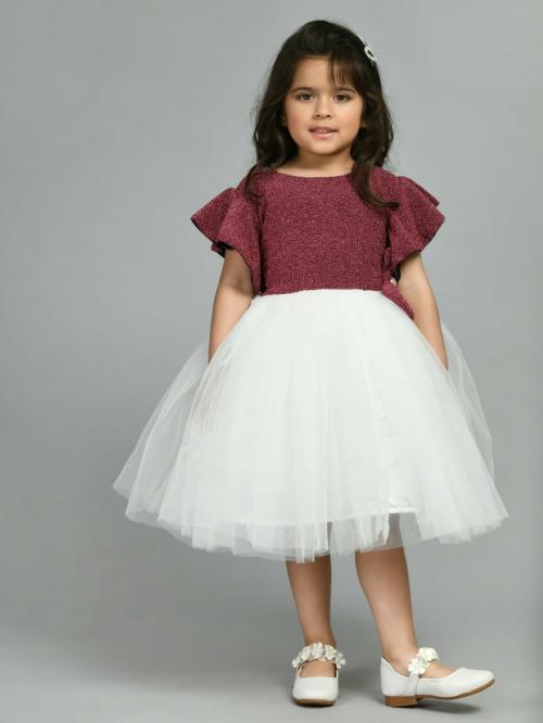 Bella Moda Satin Round Neck Party Wear Fit And Flair Solid Sleeveless Girls Dress Comes With Hairband Maroon