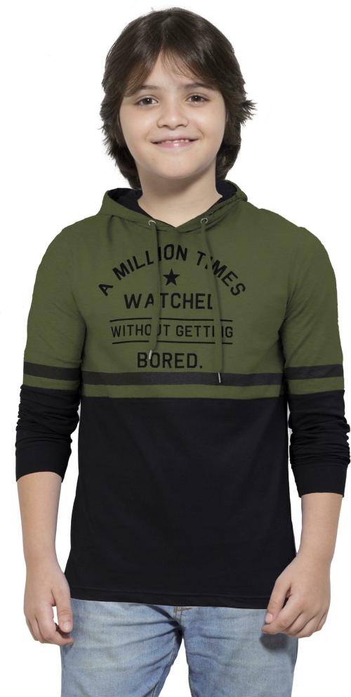 Maniac Printed Boys Fullsleeve Hooded Olive Cotton Tshirt
