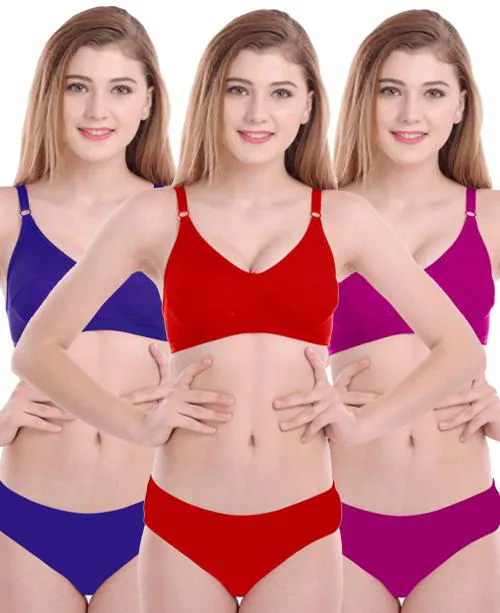 In-Curve -Women Cotton Bra Panty Set for Lingerie Set ( Pack of 3 ) ( Color : Blue,Red,Pink )