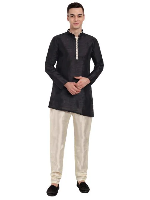 SKAVIJ Men Art Silk Cross Cut Ethnic Kurta Pajama Indian Clothing Traditional Suit Dress Set (Small, Black)