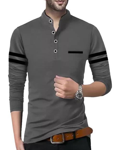 FastColors Color Block Men Mandarin Collar Grey T-Shirt