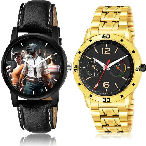 NIKOLA Best Branded Pubg Military Army And Gold Chain Black And Gold Colour Analog Genuine Leather And Stainless Steel Belt 2 Watch Combo For Boys And Men - B175-(64-S-21)
