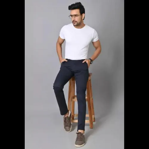 el cielo Men Slim Fit Dark Blue Cotton Blend Trousers