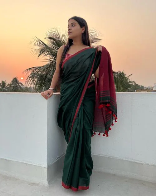 ShopAaMe Bhumi ( Bottle Green Khadi Cotton Saree)