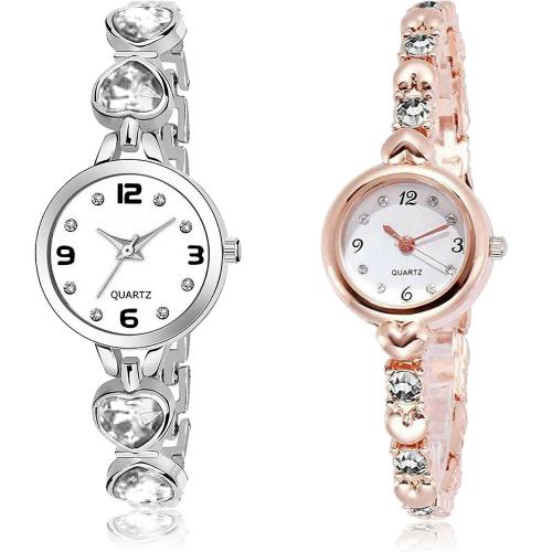 GROOT Modish Style Love Heart Chain And Stone Silver And Rose Gold Colour Analog Metal And Stainless Steel Belt 2 Watch Combo For Women And Girls - G661-G456