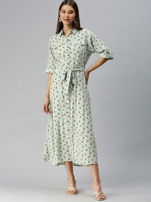 SHOW OFF Women's Green Printed Polyester Shirt Dress