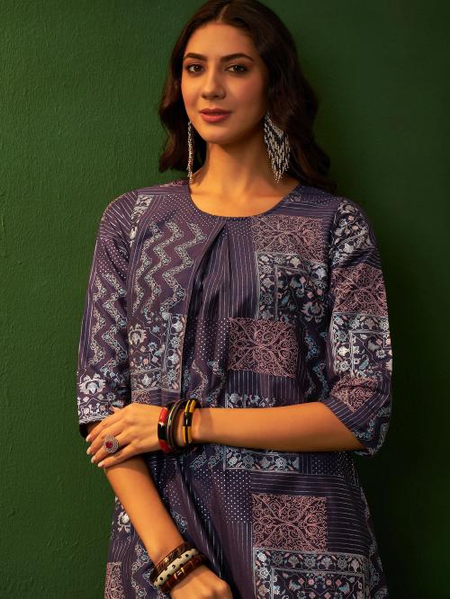 ZIYAA Purple Chinon A-Line Kurta Pant Set