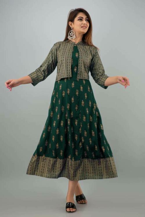 KVINNA Women Printed Viscose Rayon A-line Kurta  (Dark Green)