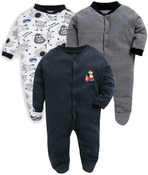 Buy Tiniberry Baby Boys and Girls Navy Blue Printed Hosiery (pack of 3) Rompers, 6 9 Months