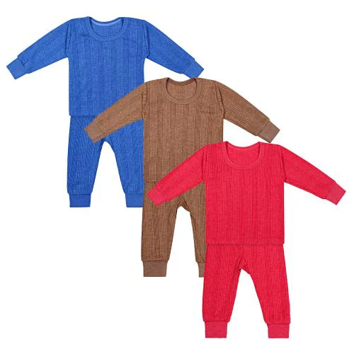 toyific Unisex Kids Solid Cotton Blend Round Neck Thermal Innerwear Top & Full Pant - Combo Pack Of 3