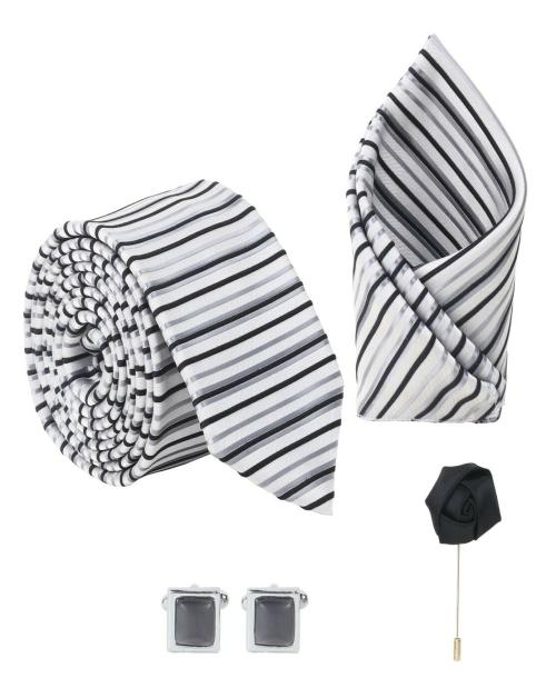 KANTH LANGOT Men's Formal Casual Jacquard Geomertic Black and White Stripes Pattern Neck Tie Pocket Square Rectangle Shape Thin Bezel Black Cufflinks and Black Flower Lapel Pin Set Combo - Set of 4 Items