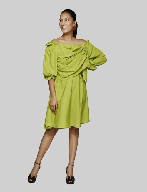 RANJ Women Green Solid Crepe Fit And Flare Dresses Dress (S)