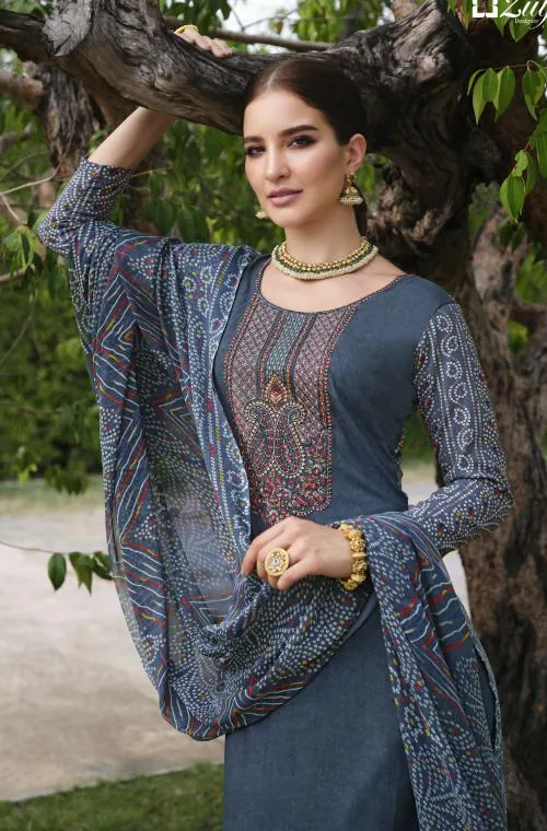 THE JAZZBAAT Unstitched Printed Embroidered Rayon Salwar Suits Fabric with Chiffon Dupatta Unstitched Dress Material For Women (Grey)