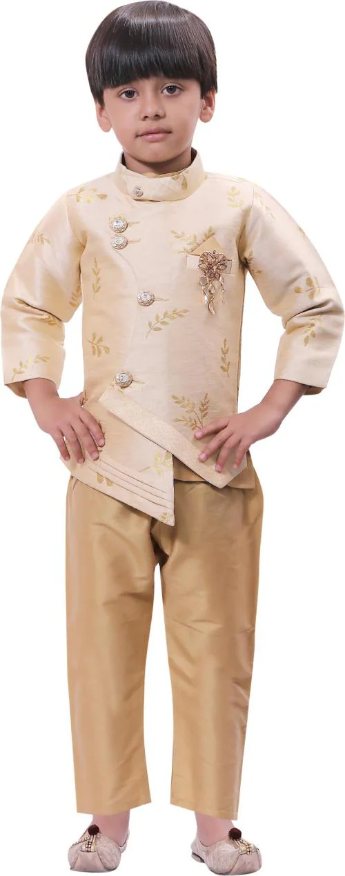Abhipriye Creations Boys Beige Printed Cotton Blend Kurta With Waistcoat Set (1 - 2 Years)