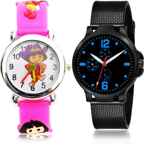 NIKOLA Modern Wrist Dora The Explorer Kids Pink And Black Colour Analog Plastic Belt 2 Watch Combo For Boys And Men - BK191-(68-S-10)