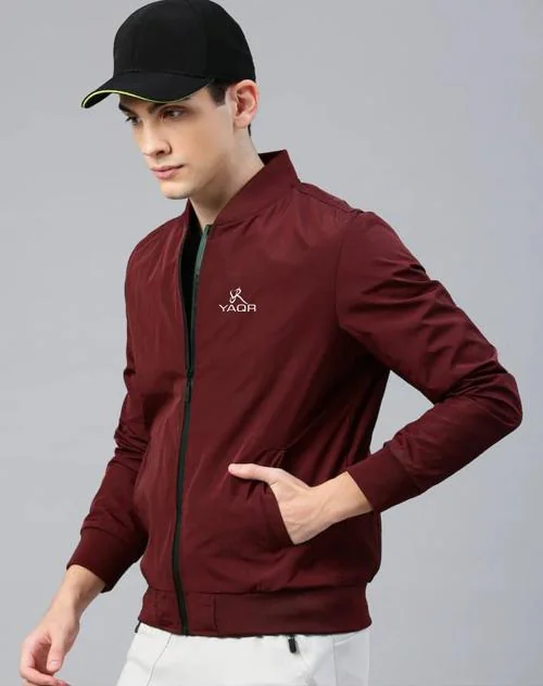 YAQR Men Solid Wind Cheater Maroon Jacket