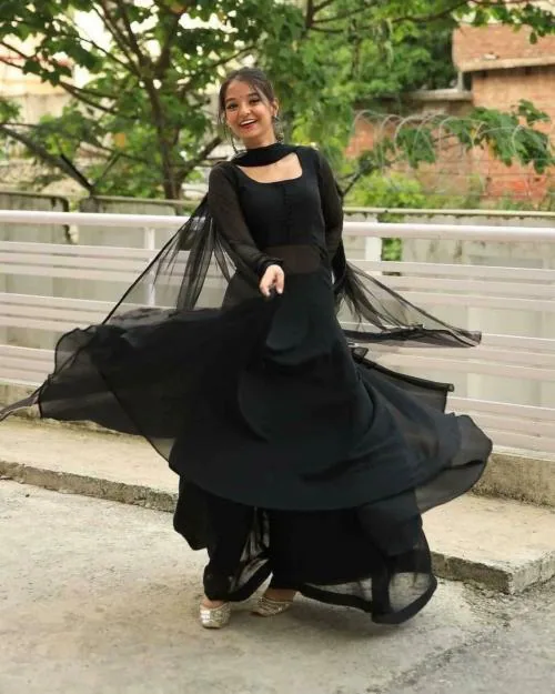 GOLAVIYA Black Plain Faux Georgette Gown For Women,Girl,Wife,Kurta and Sharara Set Long Length Anarkali Kurta with Palazzo and Dupatta Set A Complete Set dresses for daily casual, ball, party, banquet and other Trend & OccasionCasual, Partywear